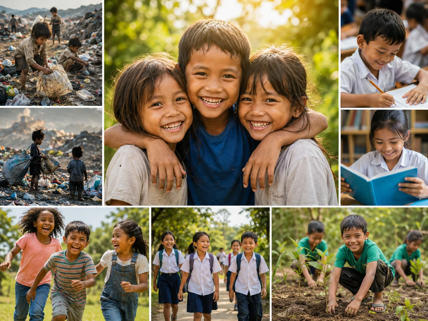 Concept imagery, not a photograph — children playing in a community rebuilt by the closed loop