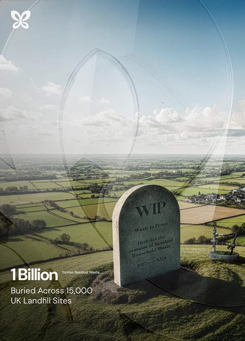Concept plate — Landfill: headstones of buried waste in an open field