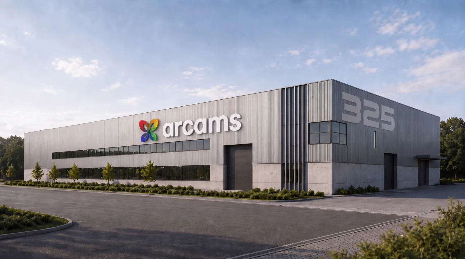 Concept visualisation — the Arcams 325 plant at golden hour, in its landscape