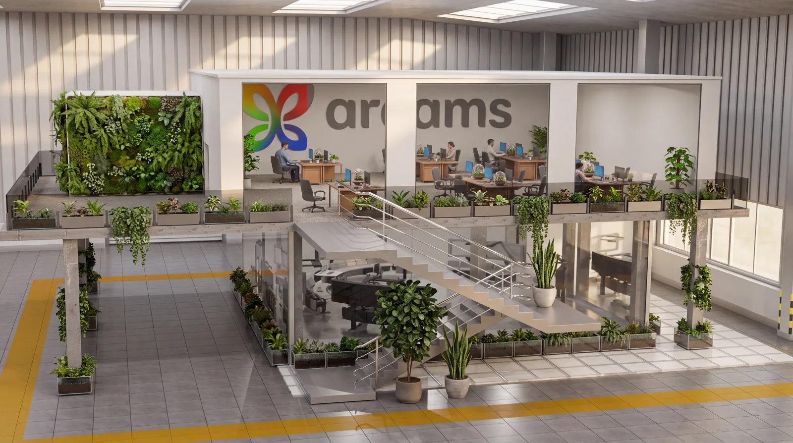 Concept visualisation — the Arcams site office on its planted mezzanine, the team at work above the line hall